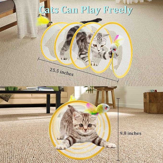 Folded Cats Tunnel Toy for Cats, Collapsible Cats Spring Tunnels Toy with Feather Mouse Toys, Played Tunnels Cats Tunnel Bed Tube Inside Cats, Interactive Cats Toy for Puppy Kitten