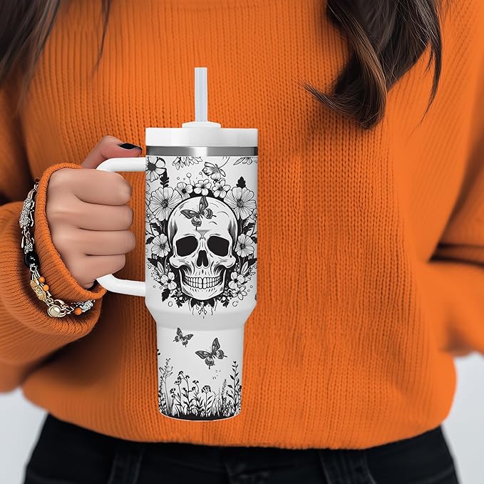 AMZUShome 40 OZ Goth Skull Tumbler with Handle.Skull Lover Tumblers Gift.Unique Birthday Christmas Halloween Goth Skull Cup Gifts.40 OZ skull Tumbler Gifts for Women.