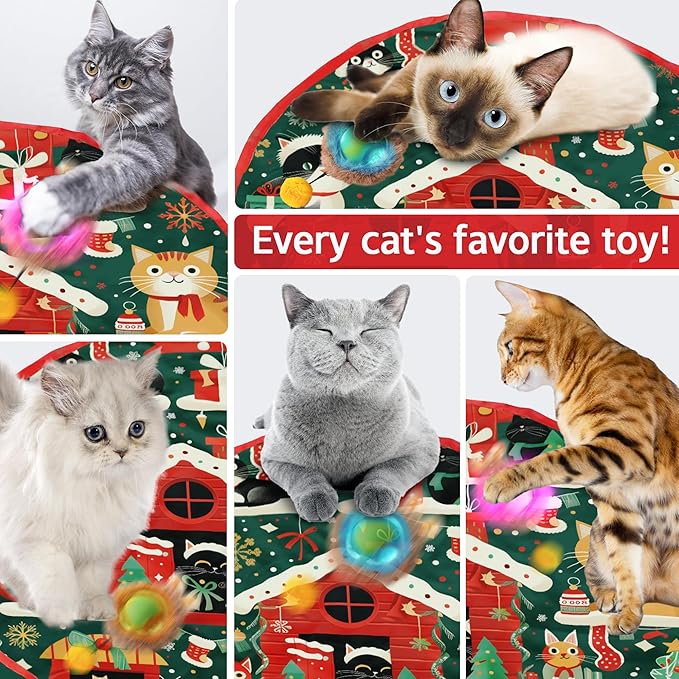 Interactive Christmas Cat Toy – Rechargeable Motion-Activated Rolling Ball in Plush Pouch with LED Light Mouse, Perfect Indoor Hunting and Exercise Toy for High-Energy and Bored Cats