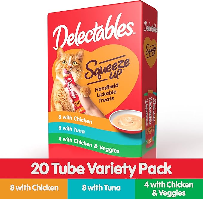 Delectables Squeeze Up Variety Pack, Creamy Squeezable Puree, Lickable Wet Cat Treats, Grain Free, No Added Fillers, No by-Products, No Added Preservatives, 0.5 Ounces Tube, 20 Tubes Total