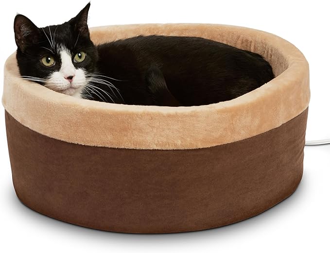 K&H Pet Products Thermo-Kitty Bed Heated Cat Bed for Indoor Cats , Electric Warming Bed for Cats and Small Dogs, Washable Thermal Plush Calming Round Pet Bed - Small 16" Mocha/Tan