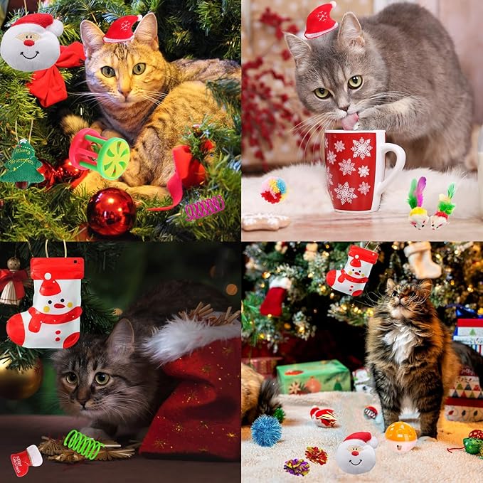 Christmas Cat Toys 19pcs, Christmas Stocking Assorted Toys Cat Gifts with Cat Ball Toy, Cat Spring Toy, Mouse, Crinkle Balls, Interactive Cat Toy for Indoor Cats