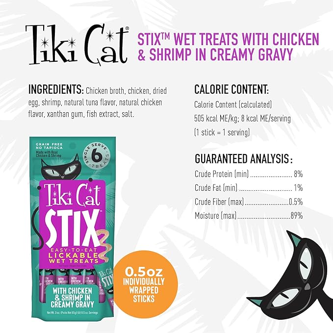 Tiki Cat Stix Mousse Treats, Single Serve Indulgent Lickable Treat or Dry Food Topper, Chicken and Shrimp in Creamy Gravy, 0.5 oz. Servings (72 Count)