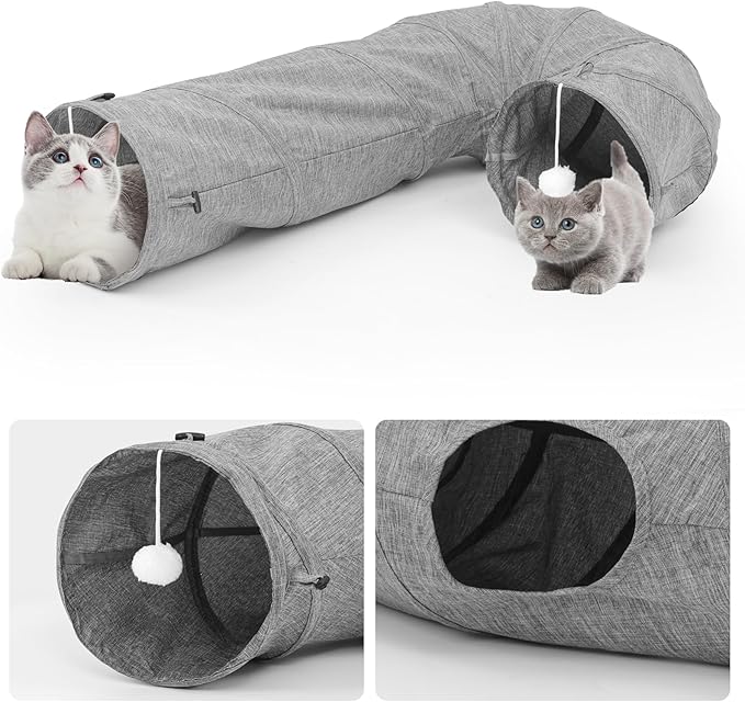 Cat Tunnel, Collapsible Bent Cat Tunnel Sturdy Oxford Fabric for Indoor Cats,Interactive Hanging Ball Pet Tunnel Tube with Cat Teaser Stick (Grey)