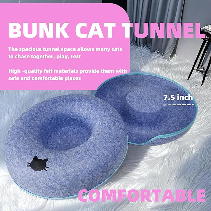 Donut Cat Tunnel Bed Peekaboo Cat Cave for Large Cats Up to 30 Lbs, Kitty Interactive Playing Tent House for Multiple Cats,Detachable,Scratch Resistant (Blue, Large - 24 Inch Diameter)