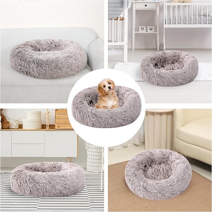 Calming Dog Bed, Dog Beds Fits up to 15 lbs Pets, Fluffy Donut Dog & Cat Bed Washable, Round Anti Anxiety Dog Bed, Small Dog Bed with Non-Slip Bottom (Coffee, 20" x 20")