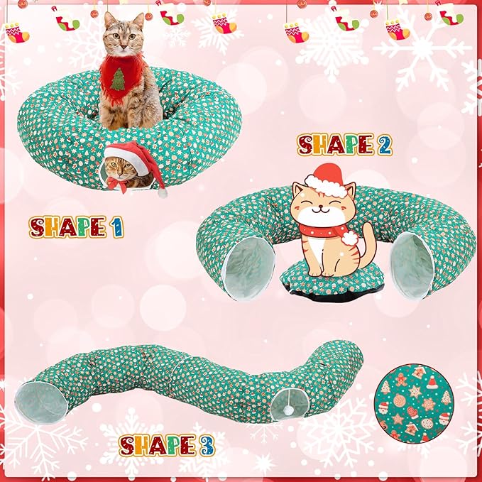 Cat Tunnel Bed Under Christmas Tree 3 ft x 3 ft x 10 Inch Cat Bed Tunnel with Hanging Ball Xmas Cat Donut Tunnel Round Cat Hideaway Holiday Circle Cat Cave Pets Gift(Green,Santa Claus)