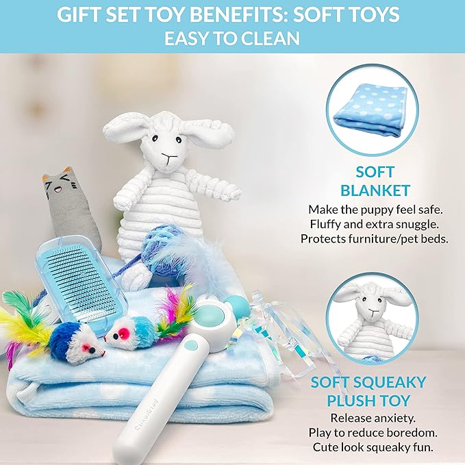 Cat Toys Welcome Blue Gift Set of 8 - Box, Catnip Kitten Toys, Cat Chew Toy, Interactive Feather and String Teaser Wand, Yarn Ball, Squeaky Toy, Cat Hair Brush and Blanket