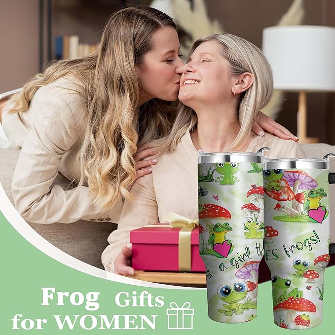 40 Oz Frog Tumbler with Handle and Straw - Double Wall Stainless Steel Insulated Coffee Mug - Leak Proof - Perfect Frog Gifts
