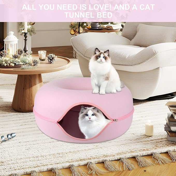 Cat Tunnel Bed, Cat Cave Bed ，Beds for Indoor Cats - Large Cat House for Pet Cat Cave ，Detachable Round Felt & Washable Interior Cat Play Tunnel for Small Pets (24 Inch, Pink)