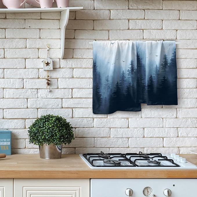 Blue Misty Forest Hand Towels Set of 2 Nature Mountain Soft Guest Face Bath Towel Kitchen Dish Towels Spa Home Bathroom Decorations