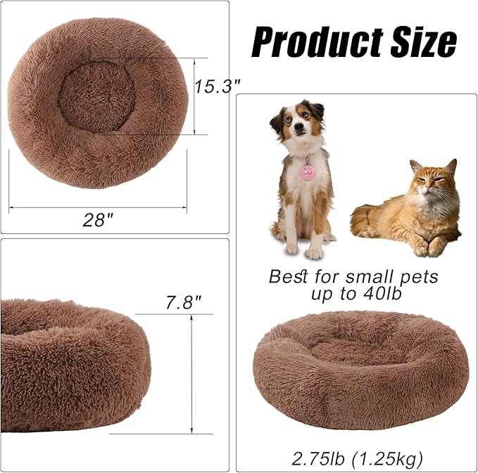 Calming Dog Bed, Dog Beds Fits up to 40 lbs Pets, Fluffy Donut Dog & Cat Bed Washable, Round Anti Anxiety Dog Bed, Small Dog Bed with Non-Slip Bottom (Khaki, 28" x 28")