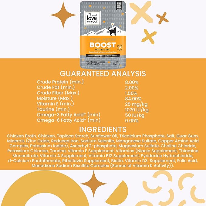 I and love and you Feed Meow Boost Wet Cat Food - Chicken - Antioxidants & Vitamins for Vitality, Grain Free, Shredded, 3oz Pack of 12