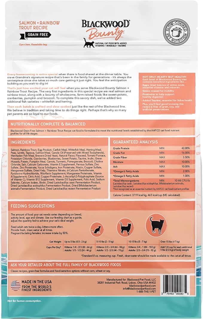 Blackwood Bounty Grain Free Cat Food, Salmon and Rainbow Trout Recipe, 10 lb. Bag