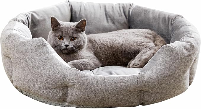 Made4Pets Cat Beds for Indoor Cats - Dog Beds for Small Dogs, Round Pet Bed for Puppy and Kitten, Washable Dog Bed with Anti-Slip Bottom, Removable Dual-Fabric Cushion for All Season, Grey