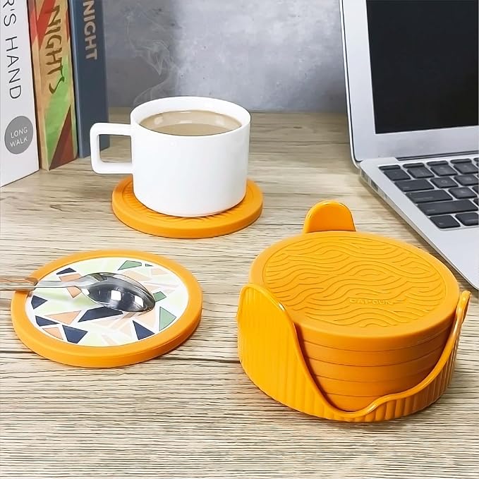 6-Pack Terazzo Silicone Coasters with Deep Tray Holder - Double-Sided Drink Coasters - Beverage Mats for Hot or Cold Drinks - Thick, Non-Slip, Non-Stick Silicone with Ceramic Insert