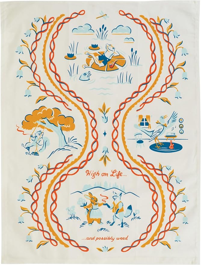 Blue Q Funny Dish Towel ~ High on Life, and Possibly Weed. 100% Cotton, Printed, Vibrant Colors, 28" x 21"