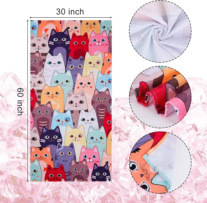 LIVILAN Large Kitten Cat Beach Towel, 30" X 60" Soft Microfiber, Absorbent, Quick Dry, Sand Free, Light, Multiuse for Bath, Pool, Swim, Cute Cat Gifts