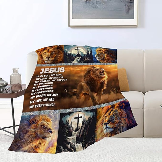 Jesus Lion Blanket Christian Decor Throw Blanket Super Warm Soft Plush Lightweight Fleece Flannel Winter Cross Animal Blanket Gifts for Prayer Girls Women Adults Boys Baby Kids Couch Bedding 50"X60"