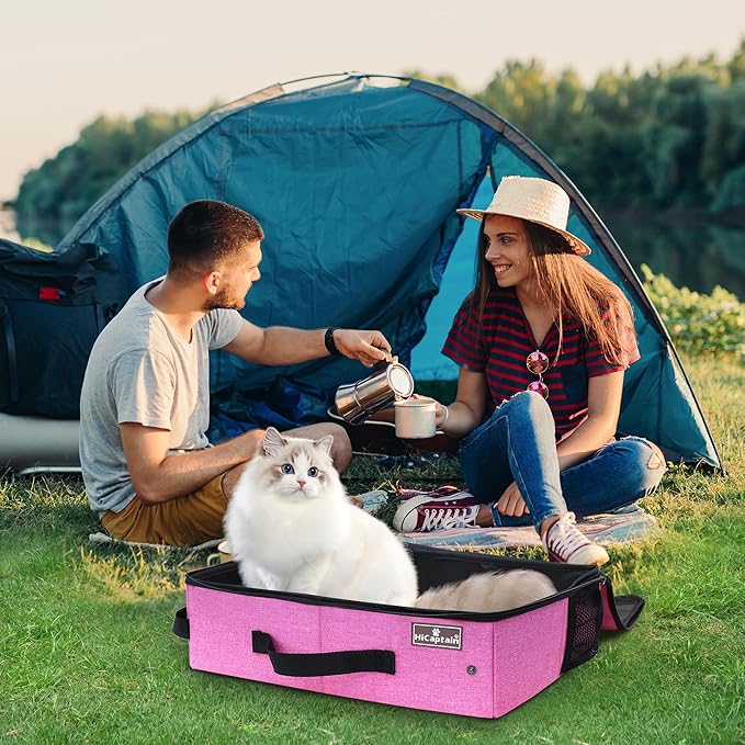 HiCaptain Portable Cat Travel Litter Box with Lid, Collapsible Travel Litter Box for Medium and Large Cats, Leak Proof, Foldable Standard Litter Carrier Box for Traveling - Pink