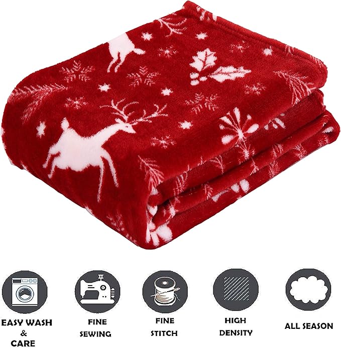 Elegant Comfort Luxury Velvet Super Soft Christmas Prints Fleece Blanket-Holiday Theme Home Décor Fuzzy Warm and Cozy Throws for Winter Bedding, Couch and Gift, 50 x 60 inch, Burgundy Reindeer