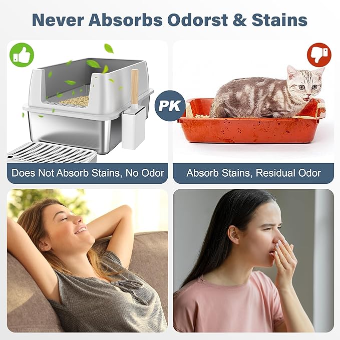 2 Pack Stainless Steel Cat Litter Box with 1Pack Lid, XL Extra Large Litter Box for Big Cats, Metal Litter Box with High Sided Enclosure & Scoop, Anti-Leakage, Non-Sticky, Easy Cleaning