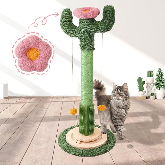 37.8" Tall Cat Scratching Post, Cactus Flower Cat Scratch Post with Natural Sisal Rope, Ball Track and Self Groomer Brush, Cute Cat Scratching Posts for Indoor Cats Adults and Kitten