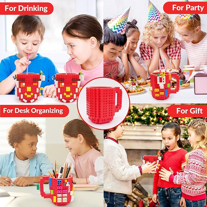 Build-on Brick Coffee Mug, Funny DIY Novelty Cup with Building Blocks Creative for Kids Men Women Xmas Birthday (Red)