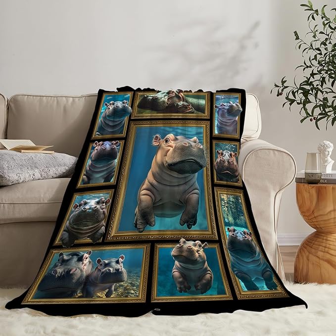 Hippo Throw Blanket Ultra Soft Cozy Cute Fleece Fuzzy Plush Lovers Decor Gifts for Women Girls Adults Couch Sofa 80"x60"
