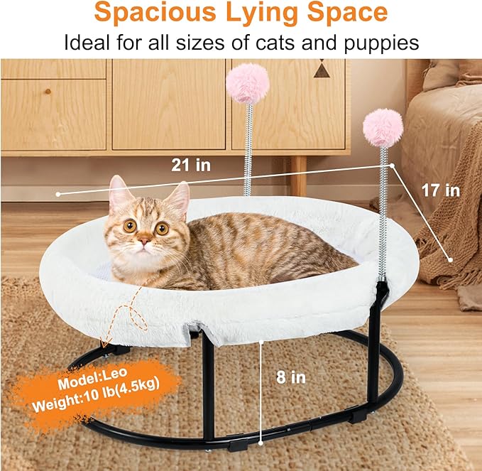 Cat Bed Elevated Cat Hammock for Indoor Outdoor Large Cats,Cat Dog Raised Pet Bed Stable & Breathable Easy Assembly,Small Outdoor Cat Bed for Sleeping Kittens Dog Oval Cat Hammock with Toy Ball,White