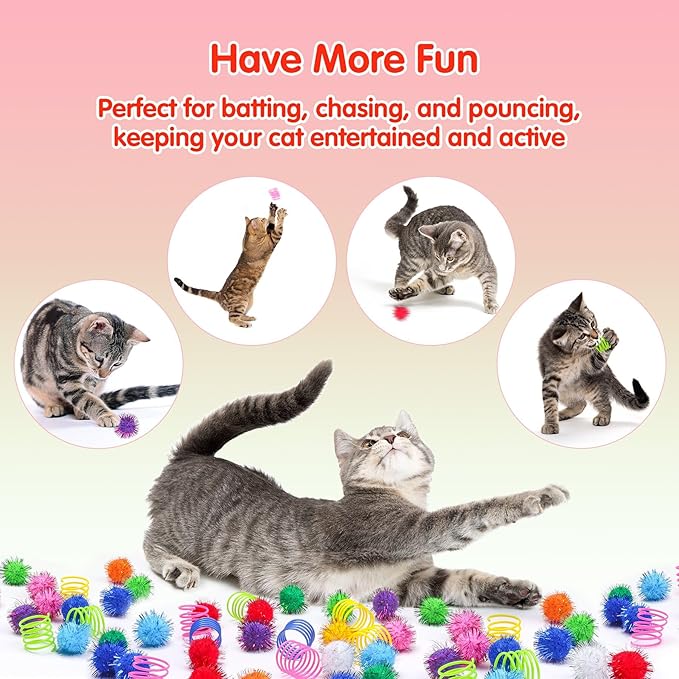 SEVENKA Cat Toys 30 Pcs Color Flash Balls and 36 Spring Toys, 1.1in Small Soft Cat Toy Ball Tinsel Pom Poms, Kitten Toys, Plastic Spiral Springs for Cat Swatting, Biting, Hunting, Active Healthy Play