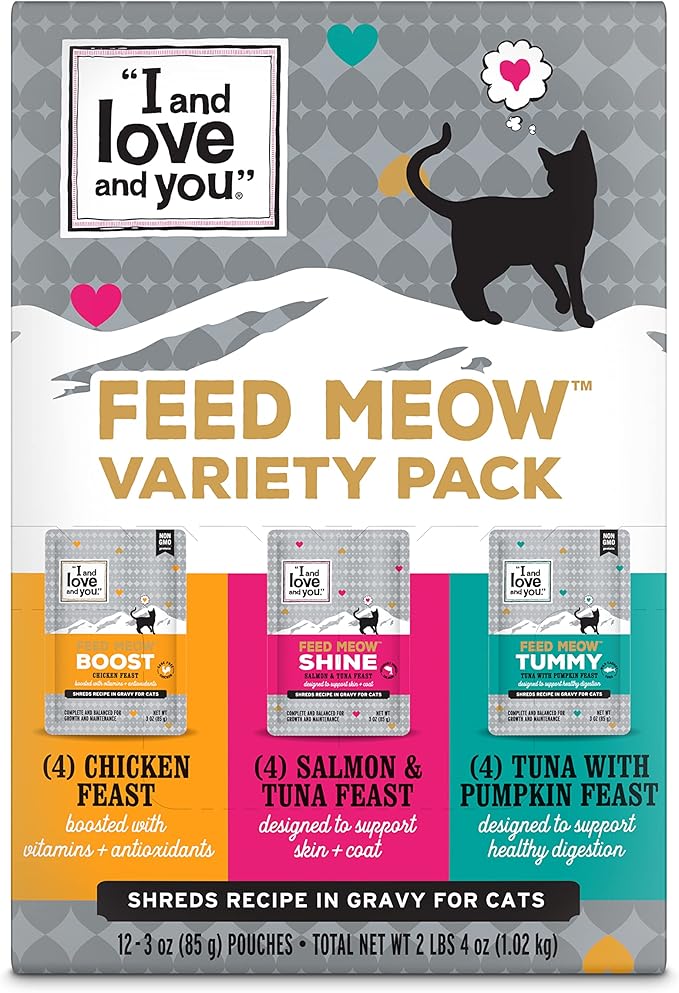 I and love and you Feed Meow Variety Pack - Salmon, Chicken, Tuna - Grain Free, Shredded, No Fillers 3oz Pack of 12