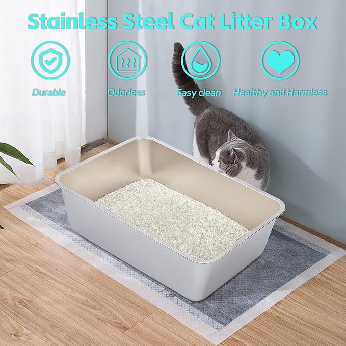 2 Pack Stainless Steel Cat Litter Box,XXL Metal Litter Box for Big Cat 8IN Deep, Metal Pet Toilet Cat Litter Pan Easy to Clean,High Sided Litter Box Adult Cats,Non Stick, No Smell