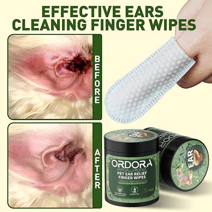ORDORA PET Ear Finger Wipes for Dogs & Cats - Gently Remove Ear Wax, Debris - Sooths & Deodorizes - Relieve Ear Itching & Inflammation, Fresh Coconut Scent, All Natural Ingredients - 50 Pcs