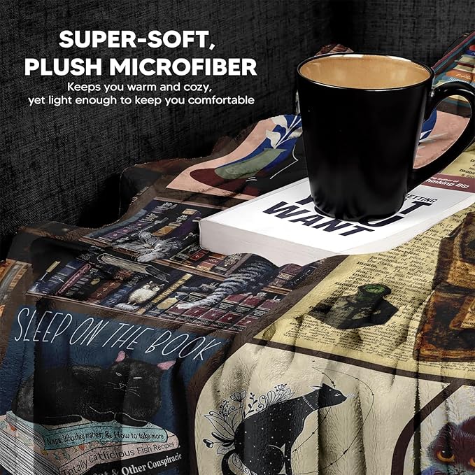 Gifts for Readers, Book Lover Gifts for Women, Black Cat Blanket for Women Cat Lover, Book Reading Lovers Blanket Throws 80"x60"