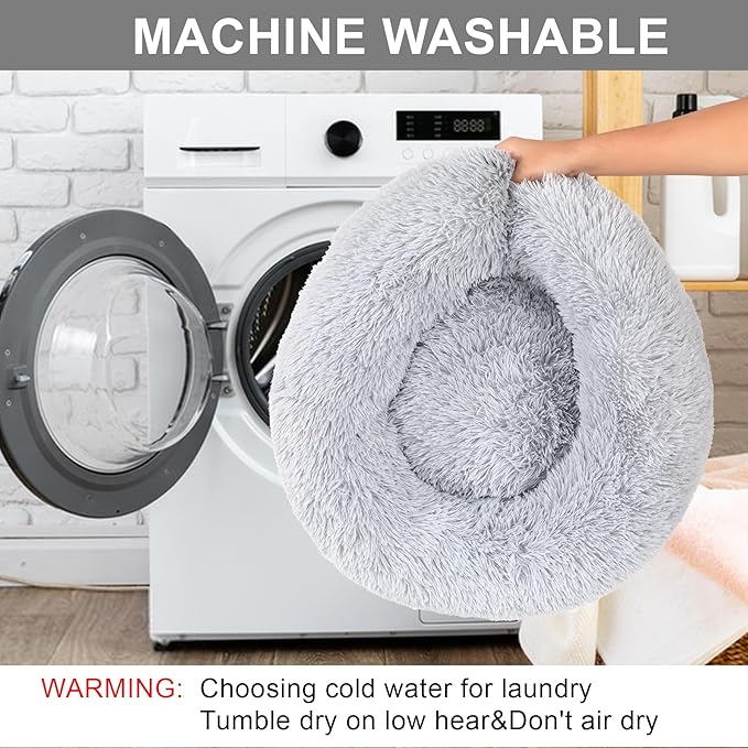 Dog Bed Calming Dog Beds for Small Medium Dogs - Round Donut Washable Dog Bed, Anti-Slip Faux Fur Fluffy Donut Cuddler Anxiety Cat Bed(Light Grey 32")
