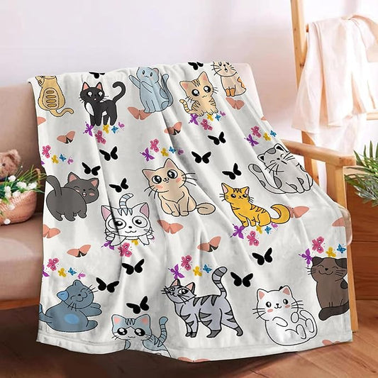 Cute Cat Butterfly Blanket Throw Super Soft and Cozy Blankets for Home Decoration, Couch, Bed, Sofa 50 in x 40 in Small for Kids for All Seasons
