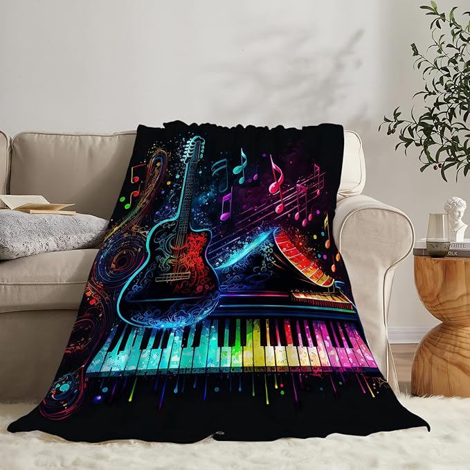Colorful Guitar Blanket Ultra Soft Cozy Music Note Piano Throw Blanket Fleece Fuzzy Plush Bedding Rock Musical Instrument Gifts for Women Girls Kids Adults 60"x50"