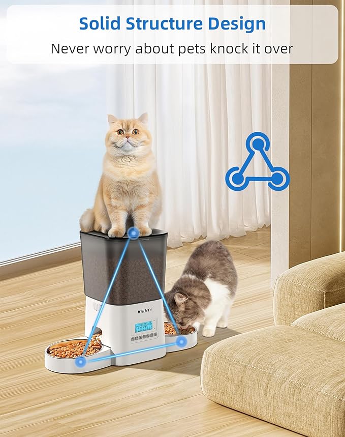 WellToBe Dual Cat Automatic Feeder for 2 Cats, Timed & Flexible Feeding, Voice Recorder, Dual Power Supply, Freshness Seal, Anti-Ant Design for Multiple Cats.