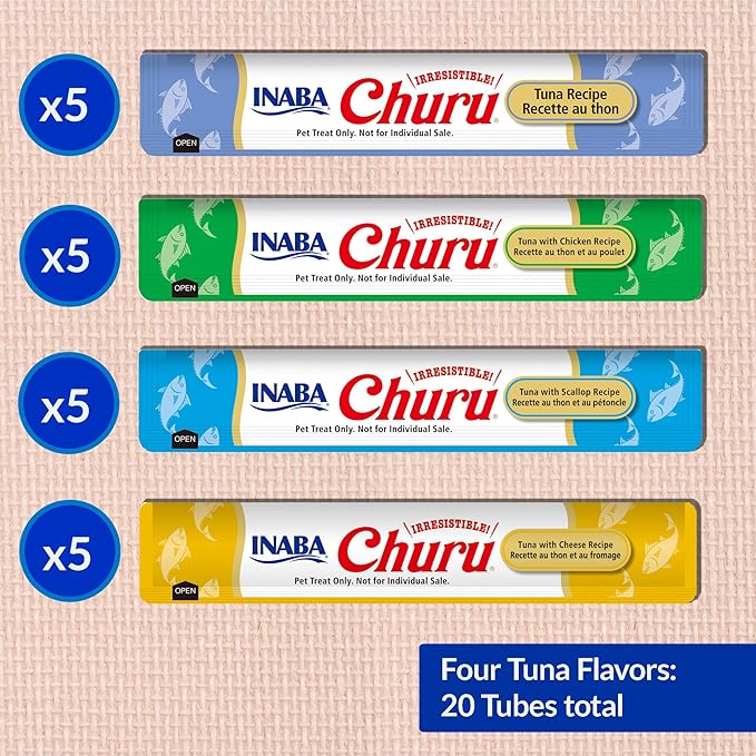 INABA Churu Cat Treats, Lickable, Squeezable Creamy Purée Cat Treat with Green Tea Extract & Taurine, 0.5 Ounces Each Tube, 20 Tubes, Tuna Variety Box
