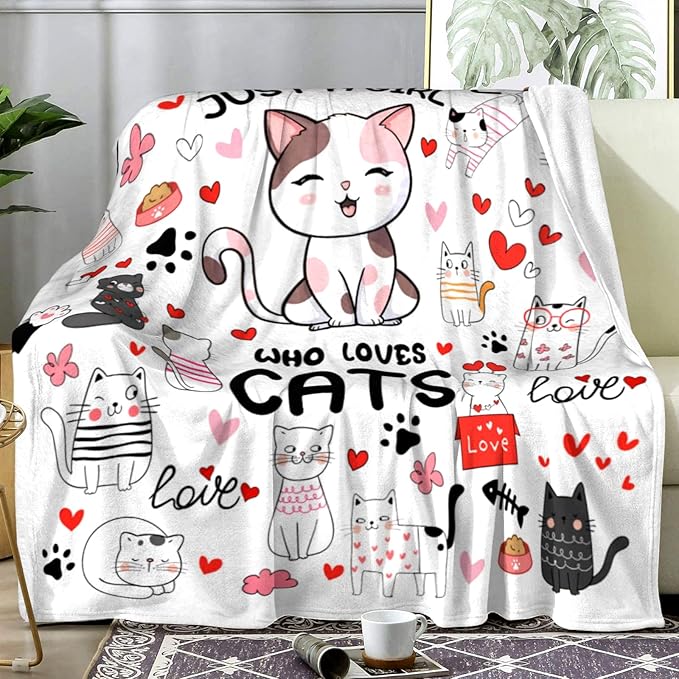 Cat Mom Blanket Just A Girl Who Loves Cat Throw Blanket Gifts for Cat Lovers Soft Flannel Animals Pet Pattern Gift for Kids Adults 80"X60"