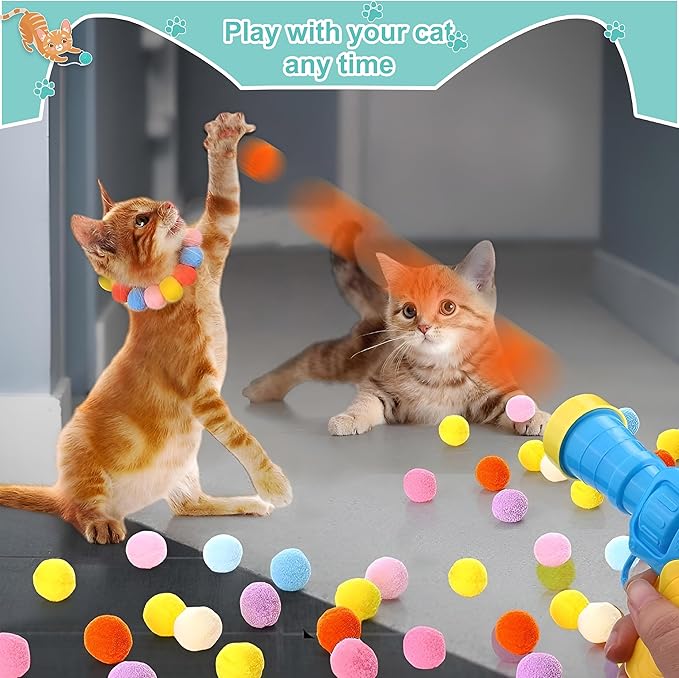 Cat Toy Ball Launcher 100Pcs Cat Toy Balls,Cat Interactive Toy DIY Set, Cat Toys Balls for Indoor Cats Kitten Toys, Pom Pom Balls with Launcher