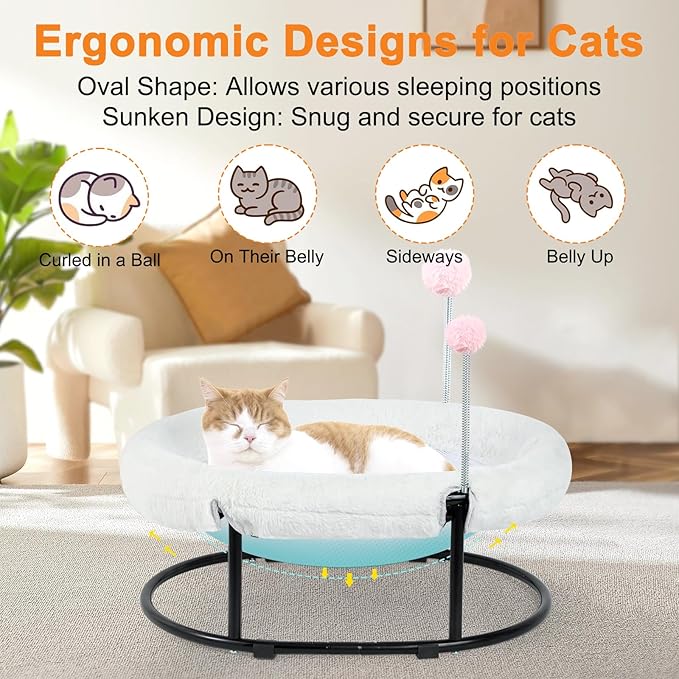 Cat Bed Elevated Cat Hammock for Indoor Outdoor Large Cats,Cat Dog Raised Pet Bed Stable & Breathable Easy Assembly,Small Outdoor Cat Bed for Sleeping Kittens Dog Oval Cat Hammock with Toy Ball,White