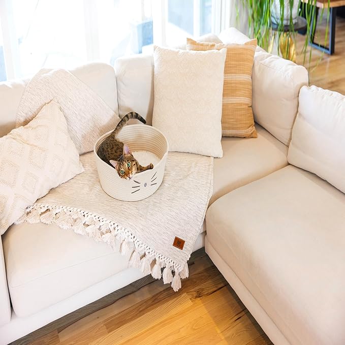 Catstages Bed & Basket Retreat 2-in-1 Cat Bed with Removable Cushion, Plush, Cotton Rope, White