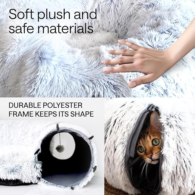 Cat Tunnel Bed – Cat Donut Tunnel Combining Cat Bed, Peekaboo Cat Cave, & Cat Tube – Cat Cave Bed with Cat Toys for Indoor Cats Included – Cat Tunnels for Indoor Cats Large, 1 Lazer Paw, 1 Ball