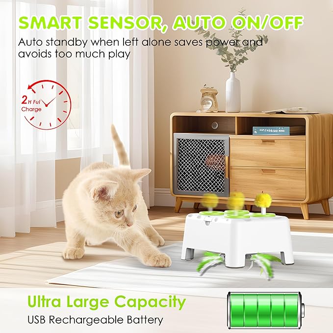 Cat Toys, 2 in1 Automatic Interactive Cat Toys for Indoor Cats, 4 Holes Mice Whack a Mole Cat Mouse Toy with Moving Feather, Rechargeable USB Power Kitten Feather Toys for All Breeds (Green)