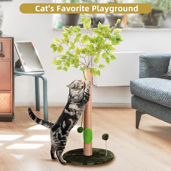 40" Tall Cat Scratching Post for Kitten and Large Cats, Durable Scratching Post for Indoor Cats with Self-Grooming Rubber Brush, Cat Sisal Post with Simulated Leaves