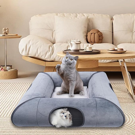 Cat Tunnel Bed, Indoor Cat Cave, Removable Cat Tunnel with Removable Soft Pad, Sturdy and Scratch Resistant, Suitable for Small and Medium Cats (Gray)
