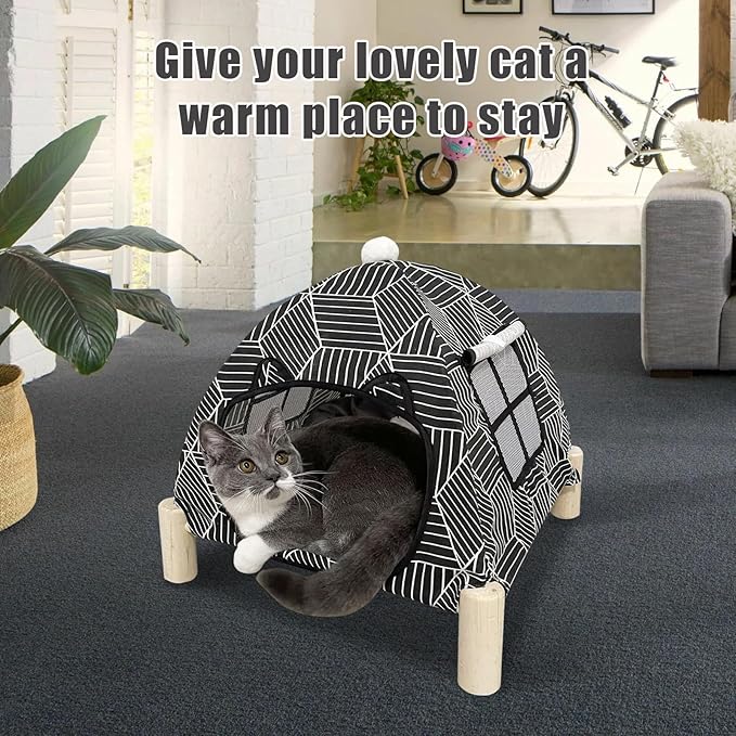 Pozico 2 in 1 Cat Bed Tent Wooden Frame Cat Teepee Cat Hammock, Quick Assembly and Disassembly, Portable Indoor/Outdoor Pet Dog Tent House for Cats Puppies Small Animals:Black Diamond Tent