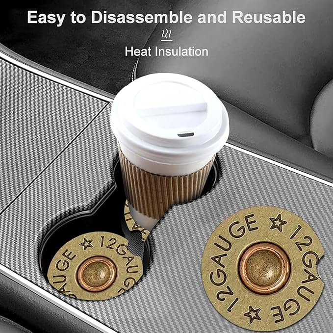 Car Coasters for Cup Holders,2 Pack Cool 12 Gauge Bullet Shaped Brass Rubber Car Cup Holder Coasters,2.75" Universal Size Anti Slip Rubber Mat,Automotive Cup Holder Decal Decor for Men,Dad